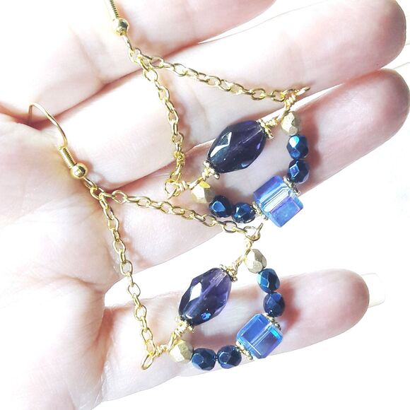 boho earrings 534#mfs Blues purples teardrop dangle earrings chain drop earring - Picture 5 of 5